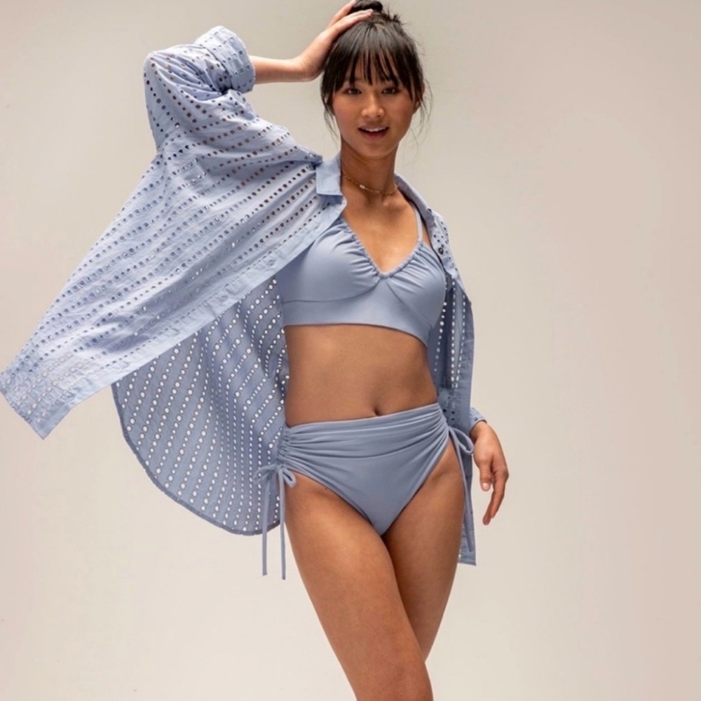 CALIA Women's Oversized Perforated Long Sleeve Button Down Cover Up